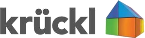 Krückl Logo, Schriftzug krückl mit Haus aus bunten Würfeln